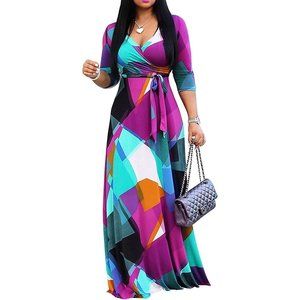 Women Casual Summer Sundress V-Neck 3/4 Sleeve Maxi Dress